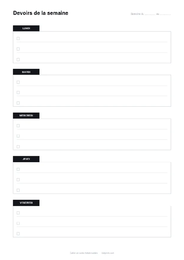 Cahier de textes à imprimer, format A4