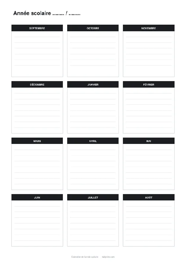 Calendrier de l'année scolaire à imprimer, format A4