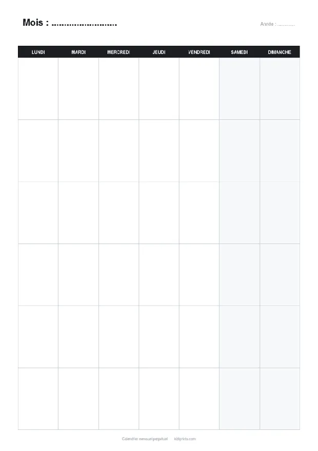 Calendrier mensuel à imprimer, format A4