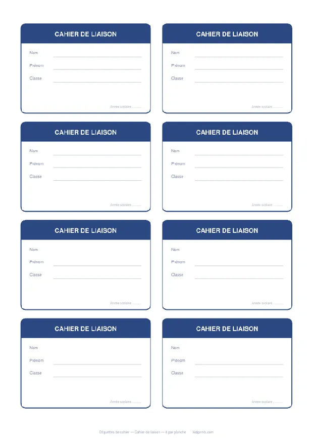 Étiquettes Cahier de liaison à imprimer, format A4