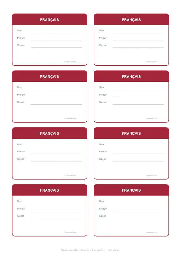 Étiquettes Français à imprimer, format A4