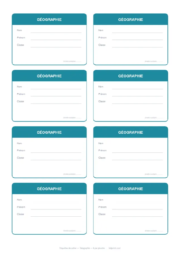 Étiquettes Géographie à imprimer, format A4