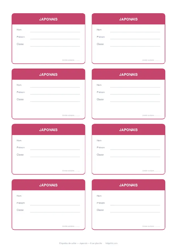 Étiquettes Japonais à imprimer, format A4