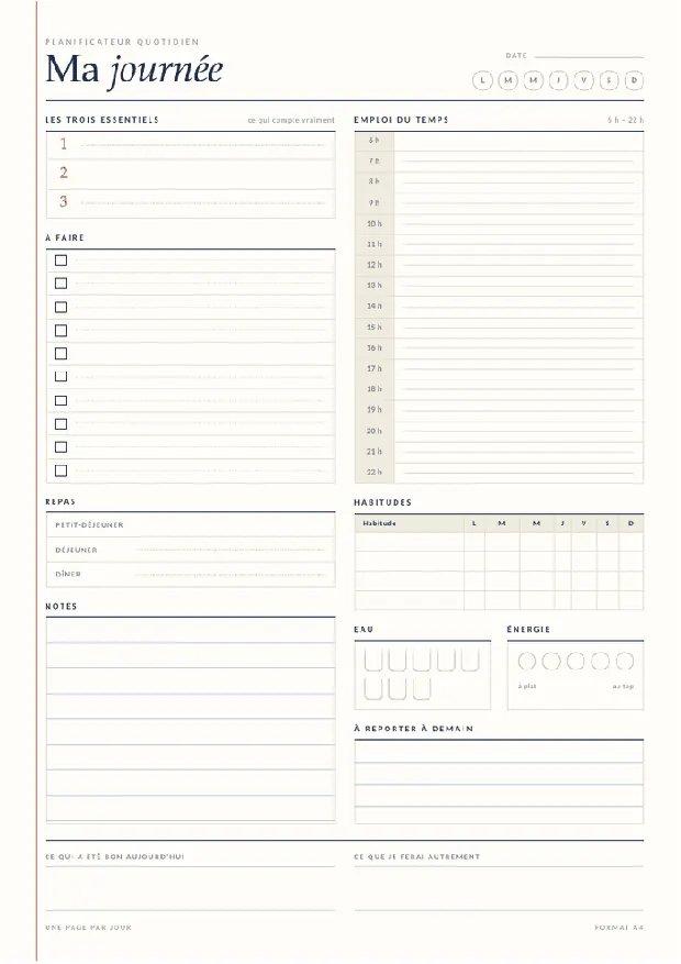 Planificateur journalier — encre bleue à imprimer, format A4