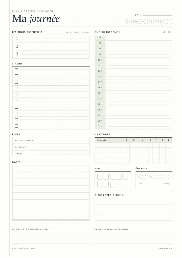 Planificateur journalier — sauge à imprimer, format A4