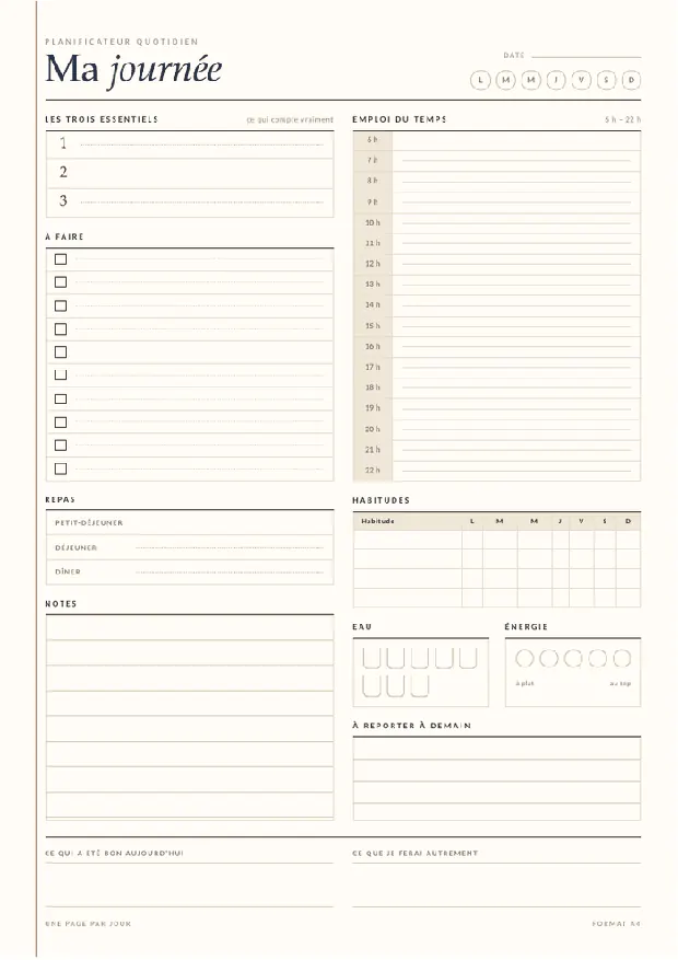 Planificateur journalier — sépia à imprimer, format A4